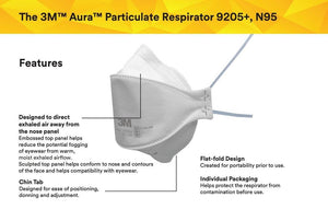 3M Aura 9205+ N95 NIOSH Protective Disposable Face Mask Particulate Respirator